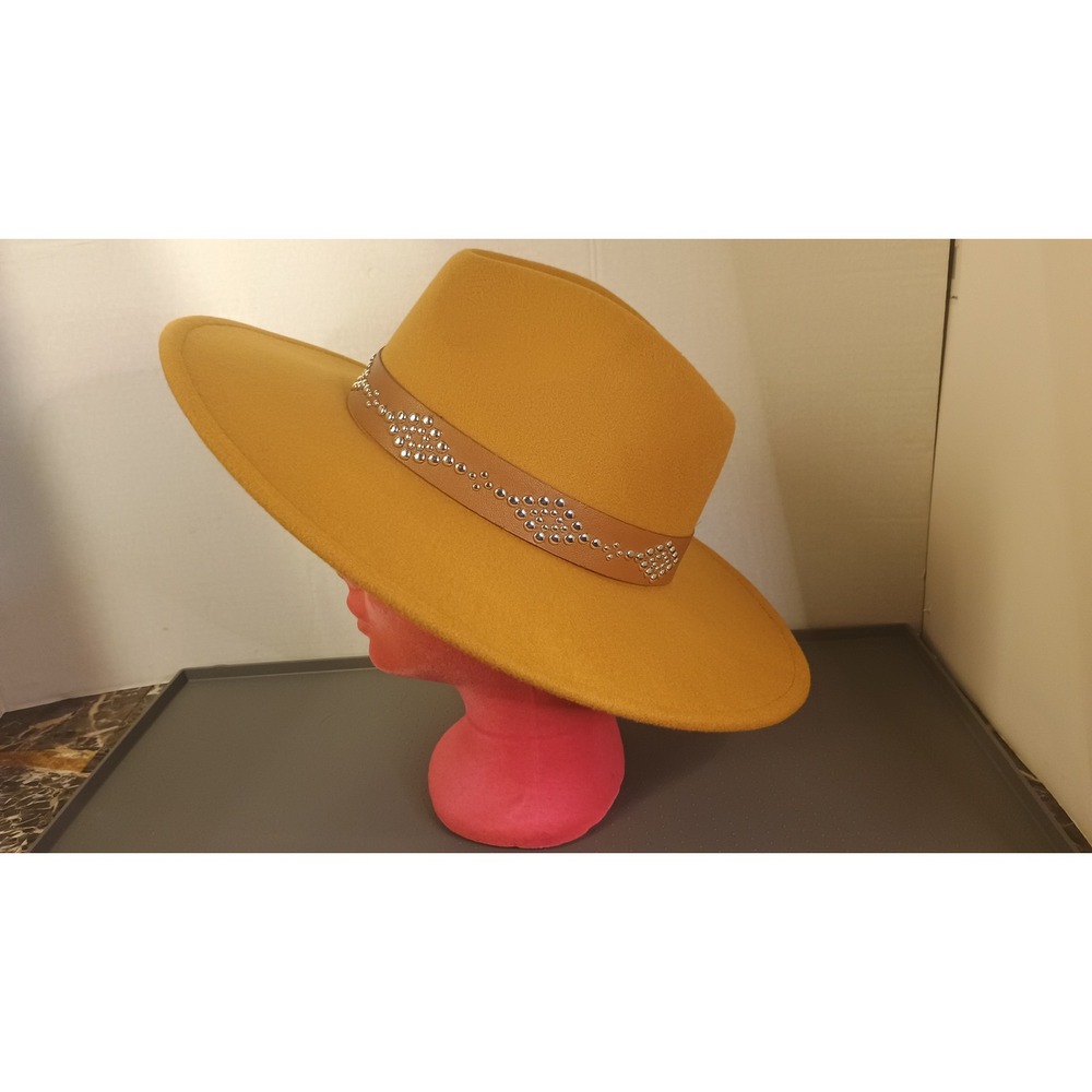 Cato Fedora Hat Womens One Size Mustard Yellow Excellent Studded Wide Brim Felt